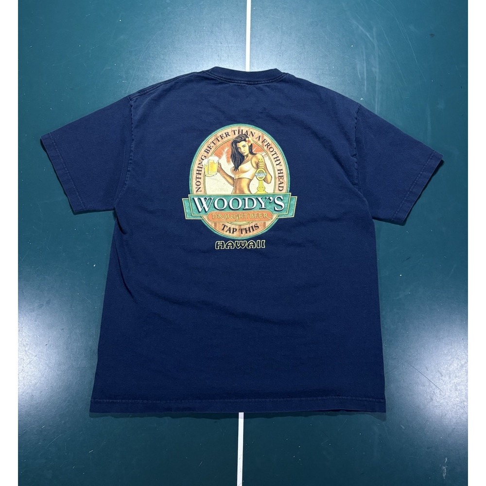 Vintage Woody's Draught Beer Hawaii T-Shirt Men's XL Crude Surf Navy Blue